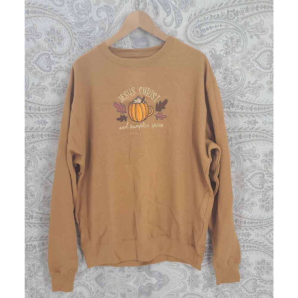 Love in‎ Faith sweatshirt Jesus Christ & Pumpkin Spice New Brown Size Large fall